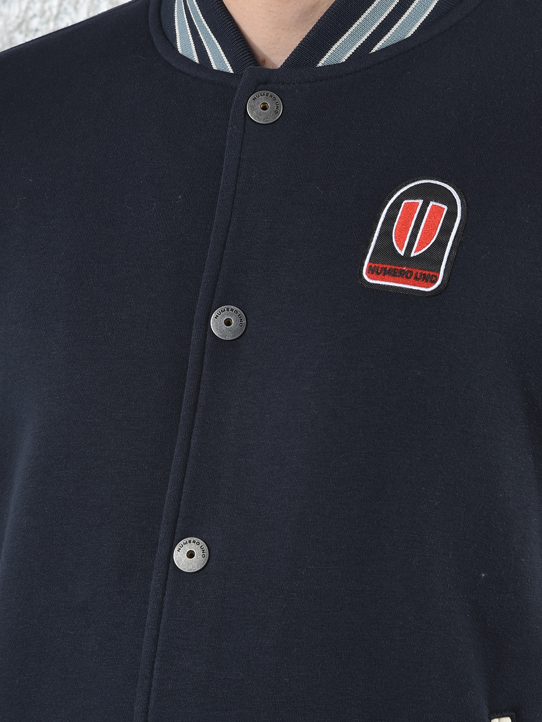 Numero Uno Men Applique Blue Front Open Buttoned Sweatshirt